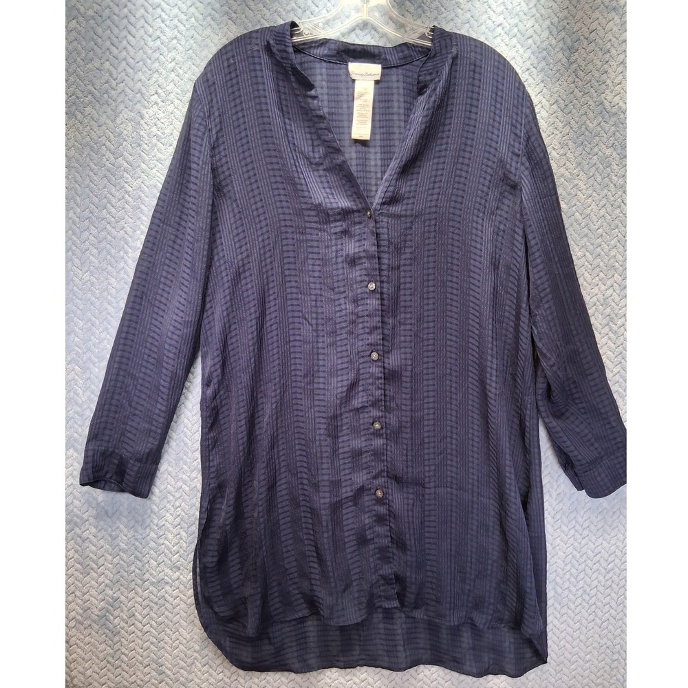 Tommy Bahama Navy Blue Textured Stripe Button Down Tunic Shirt Womens Medium